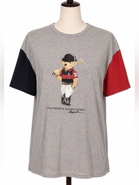 Ralph Lauren Polo Bear Grey Tee with Red & Navy Sleeves Colorblock M